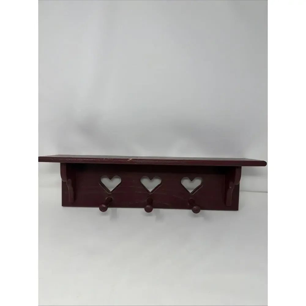 Vintage Plum Solid Wood Heart Cut Out Wall Shelf With 3 Pegs Granny Core 21